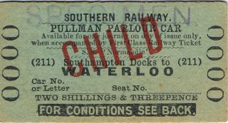 Railway Ticket Sr Pullman Parlour Car " S.  S Normandie " First Class Child 