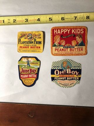 (4) Vtg Peanut Butter Labels - Happy Kids,  Oh Boy,  Plantations Pride - June Boy