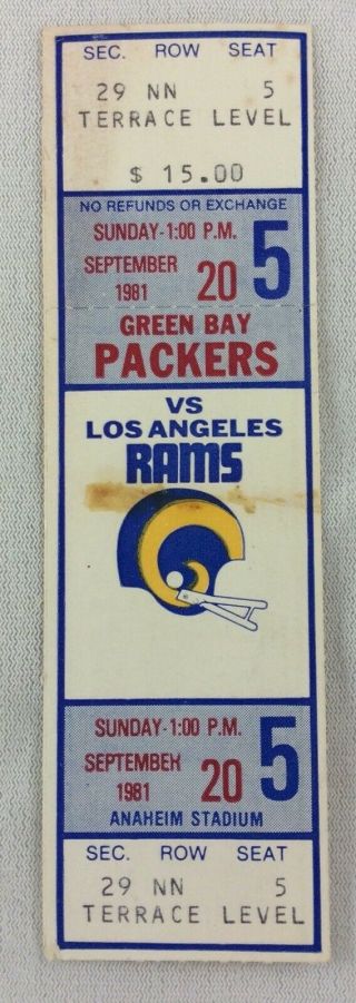 Nfl 1981 09/20 Green Bay Packers At Los Angeles Rams Full Ticket