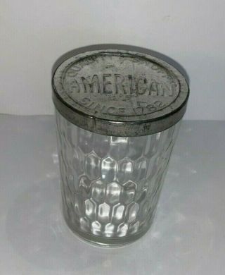 Vintage American Quality Snuff Jar Tin Lid 1782 Optic Glass