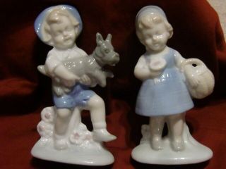 Vtg Lego Japan Porcelain Figurine Pair Boy With Dog And Girl With Flower