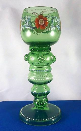 Antique Bohemian Czech Enameled Green Glass Goblet Chalice Fritz Hecker - N/r