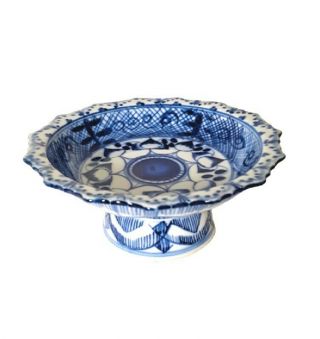 Vintage Thai Ceramic Blue & White Pedestal Dish Bowl