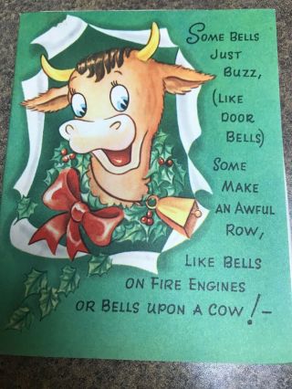Vintage Christmas Card Giant Fold Out Cow Train Telephone School Bell Children