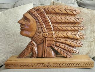 20 " - Vintage Hand Carved Wood Indian Head Signed By Artist Sculpture Statue