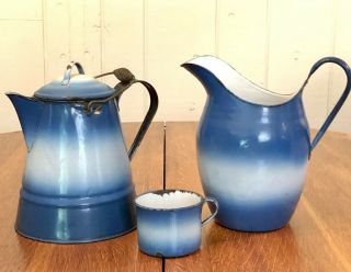 Antique Graniteware Pitcher,  Coffee Pot,  & Cup - Blue & White Enamelware Set