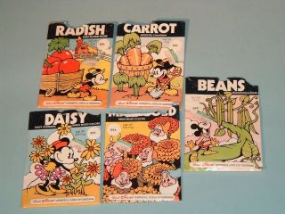 Vintage Walt Disney Wonderful World Of Gardening 5 Bean Seed Packs W/ Seeds 1977