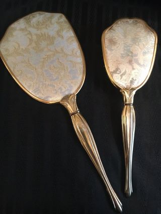 Vintage Mcm - Gold Floral Handheld Mirror And Hair Brush Set - Hollywood Regency
