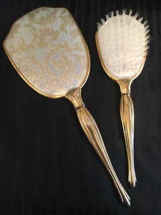 Vintage MCM - Gold Floral Handheld Mirror and Hair Brush Set - Hollywood Regency 2