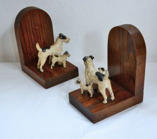 Wonderful Vintage Wooden Bookends With Metal Terrier Dog Family