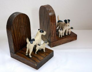 Wonderful Vintage Wooden Bookends with Metal Terrier Dog Family 2