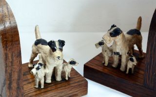 Wonderful Vintage Wooden Bookends with Metal Terrier Dog Family 3