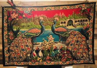 Vintage Tapestry Wall Hanging Peacock 100 Cotton Made In Turkey 60” X 40”