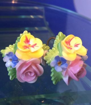 Vintage Handpainted China Yellow Pansy,  Pink Rose,  Blue Flower Clip On Earrings