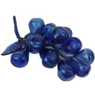 Vintage Blue Hand Blown Art Glass Grape Cluster And Leaves Mid - Century Modern