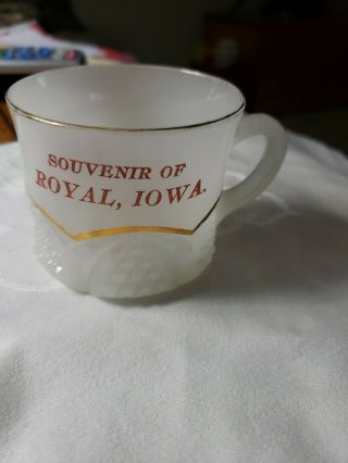 Vintage " Souvenir Of Royal,  Iowa " White Milk Glass/gold Trim Cup.  (bin 14)
