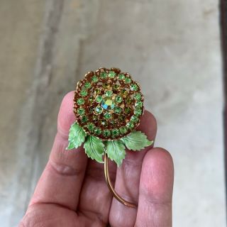 Vintage Green Rhinestone And Enamel Flower Brooch Pin