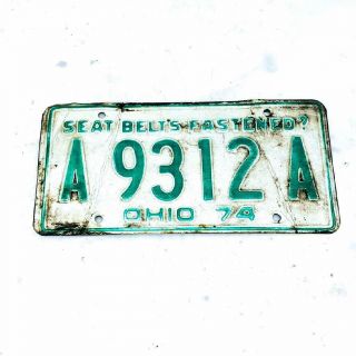 Vintage Ohio 1974 White With Green Lettering A9312a License Plate Seat Belts Fas