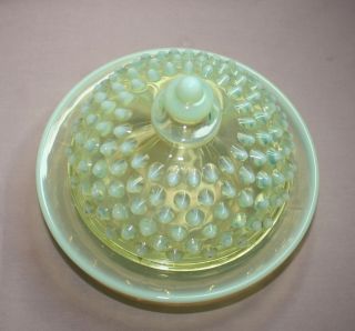 Vintage Vaseline Glass Butter Dish & Lid Hobnail Pattern Mid - Century Modern