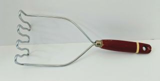 Vintage Red W/ Beige Stripe Wooden Painted Handle Potato Smasher 10 " Masher Guc