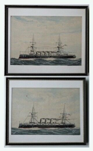 Antique Maritime Ship Watercolour Paintings Hms Terrible & Arrogant Signed C1890