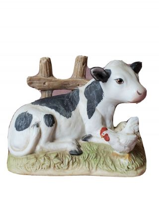 Vintage Homco Cow And Chicken Ceramic Bisque Figurine