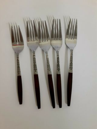 5 Vintage Interpur Stainless Steel Flatware Japan Wood Handles Mcm Forks