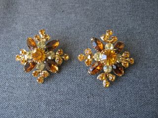 Vintage Signed Judy Lee Amber Color Rhinestones Golden Oversized Flower Earrings