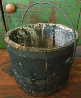Old Primitive Antique Wood Staved Lead Bucket Early Paint Pail With Bail 3 Bands