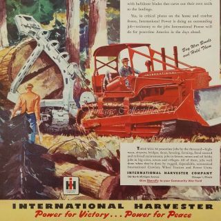 1945 International Harvester Crawler Tractors Trucks Timber Art Decor Vintage Ad