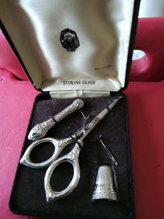 Antique/vintage Sterling Silver Boxed Sewing Kit Scissors Needle Holder Thimble