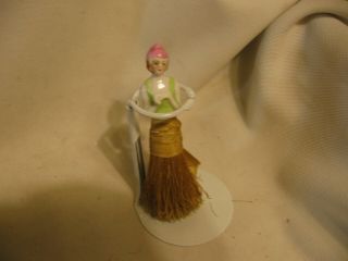 5 " Vintage Porcelain Half Doll Whisk Broom Clothes Brush W Metal Stand