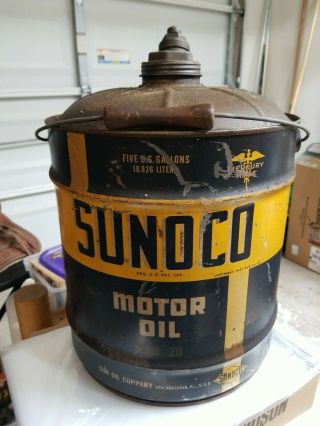 Vintage Sunoco Made Motor Oil 5 Gallon Metal Can Container Advertisement Antique