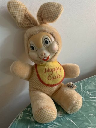 Vintage Woolikins Rubber Face Happy Easter Stuffed Bunny Rabbit Rushton Style