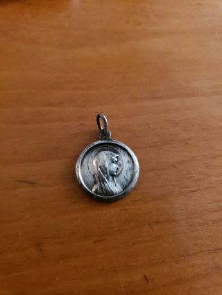 Vintage Sterling Silver Virgin Mary Double Sided Pendant Charm Medal