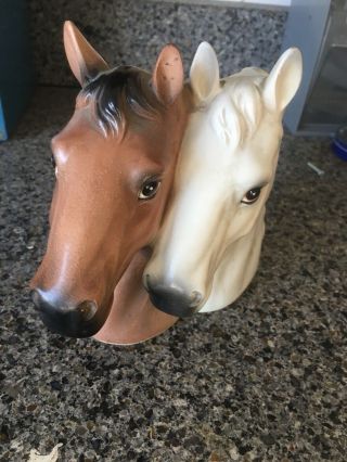 Vtg Two Horse Head Study Planter In Bisque Ceramic Equestrian Collectable