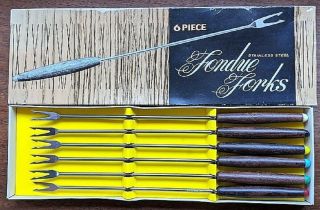 Vintage Fondue Fork Set,  6 Piece Stainless Steel,  Color Coded,  Box,  Guc