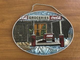 Vintage 1997 Coca - Cola Old Grocery Store Oval Logo Stained Glass Sun - Catcher