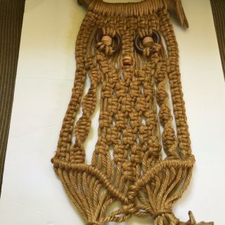 Vintage Large Owl Macrame Wall Hanging Wood Beads And Drift Wood