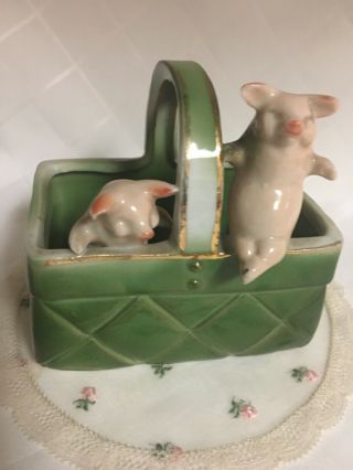 Antique German Pink Pig Porcelain Fairing Figurine Pig Pair On Basket