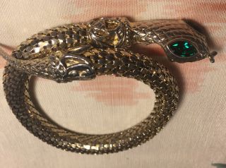Vintage Gold Tone Snake Bracelet With Green Jewel Stone Eyes