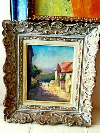 Antique French Oil Paint 1940s,  European Inside Country Old Town