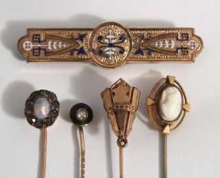 4 Antique Victorian 10kt Gold Stick Pins Cameo Opal & Enamel Brooch
