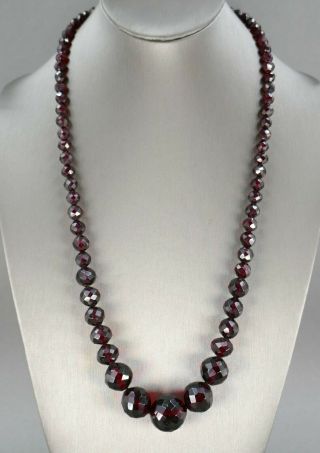 Fine Antique Art Deco Cherry Amber Bakelite Facet Cut Graduated Bead Necklace