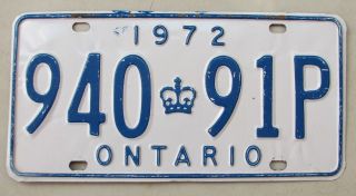 1972 Ontario Canada Auto License Plate " 940 91p " Crown On 72