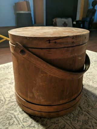 Antique Large Wood Firkin Sugar Bucket Primitive Folk Art W/lid Aafa