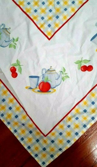 Vintage Farmhouse Country Tablecloth Blue/yellow Check Cherries Apples Teapots