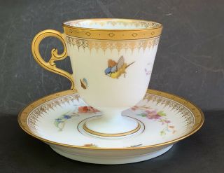 Antique Jean Pouyat Limoges Porcelain Insects & Flora Pedestal Cup & Saucer