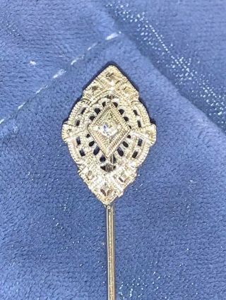 Antique 10k White Gold Filigree Diamond Stick Pin Art Nouveau Art Deco 1.  34 Gram