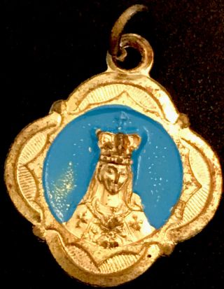 Vintage Catholic St Anne Blue Enamel & Gold Tone Medal Pendant Italy